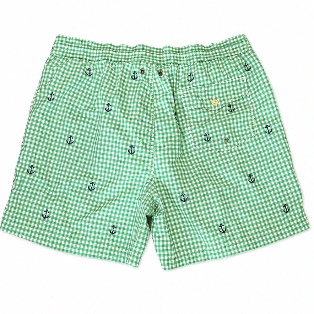 Polo Ralph Lauren Mens XL‎ Swim Trunks Green Gingham Anchor Embroidered Shorts